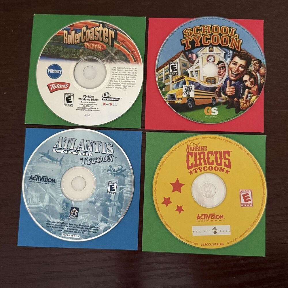 Vintage Tycoon PC Games Lot RollerCoaster School Atlantis Circus CD‑ROM Bundle